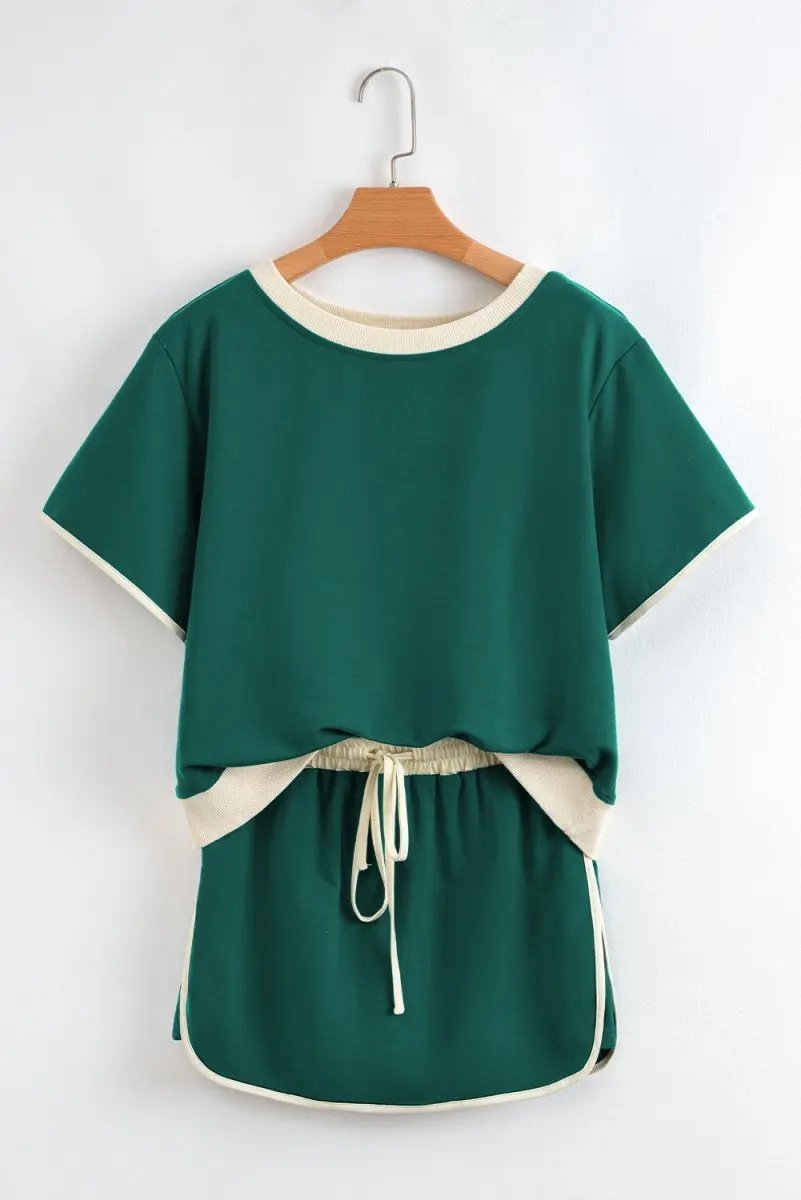 Evergreen Colorblock Edge Drop Shoulder T Shirt and Skort Set - Love Salve